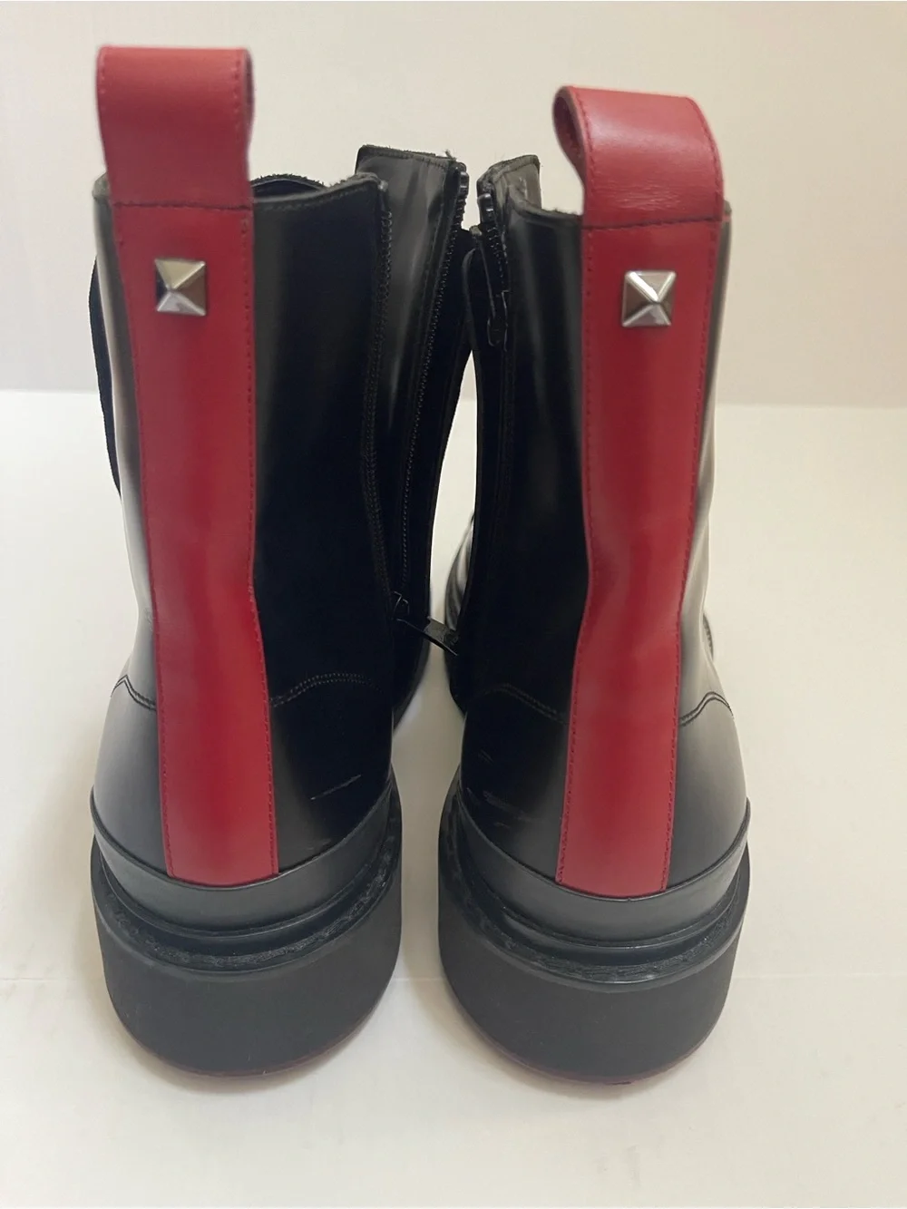 Valentino Garavani Men's Black Leather Lace-Up Rock Stud Boots with Red Heel Tab